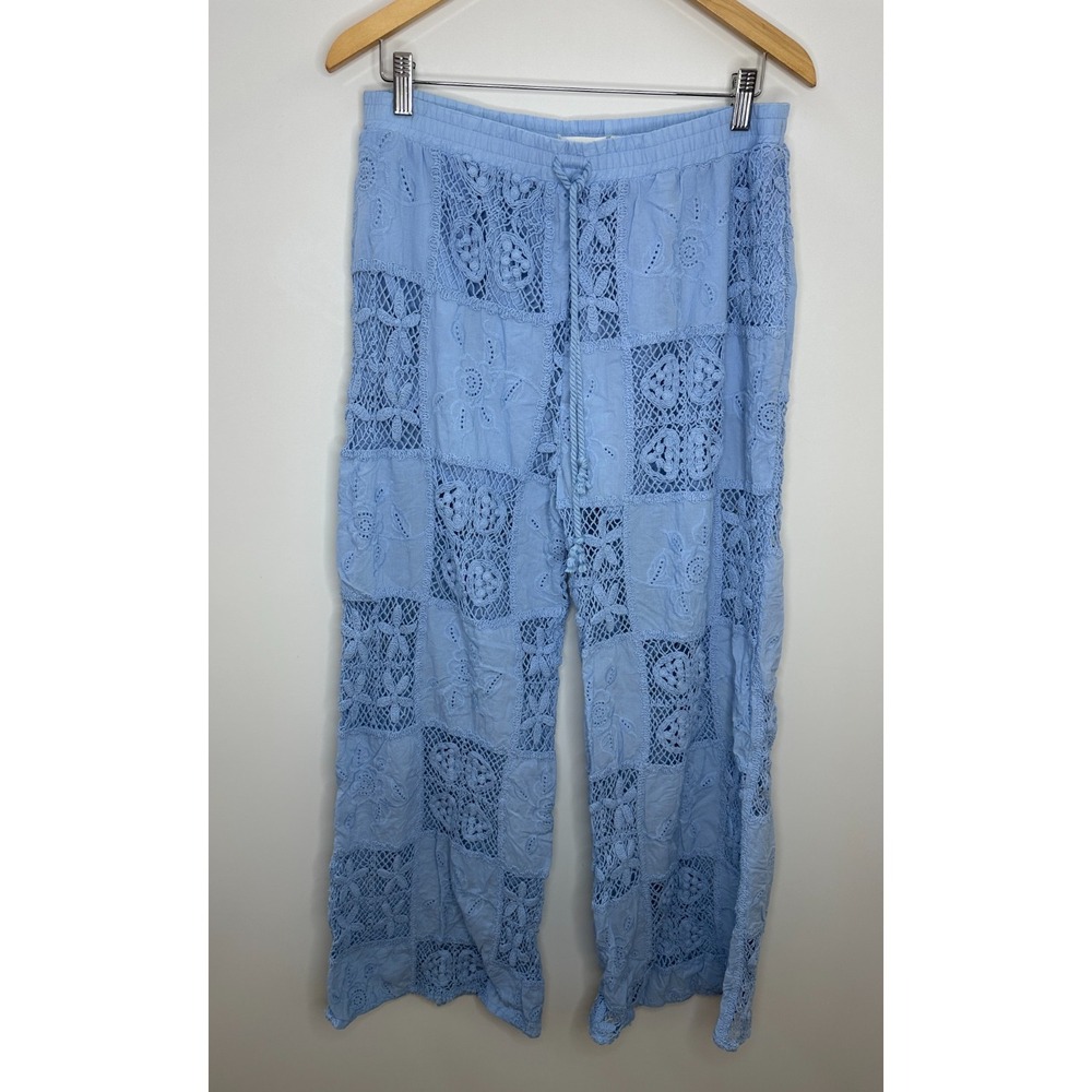Altar'd State Hibiscus Patchwork Crochet Pants Light Blue Large Wide Leg Boho - Picture 11 of 12